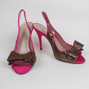 Flounce Glitter Bow Pink Satin Peep Toe Heels 9M